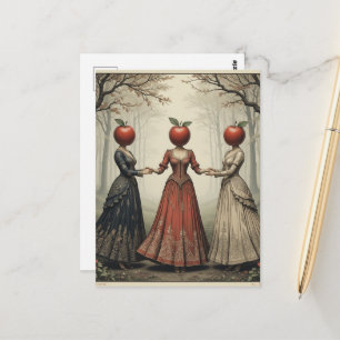 Carte Postale Trois femmes à tête de pomme dansent en forêt