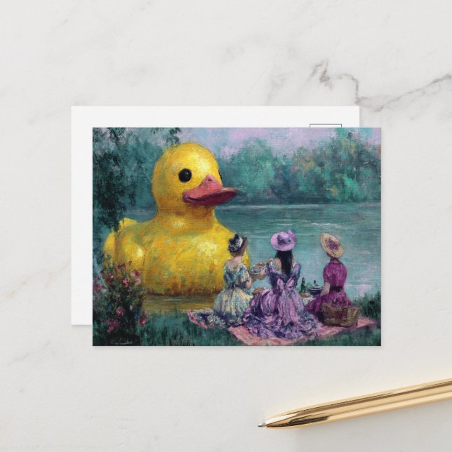 Carte Postale Trois femmes pique-nique avec le canard géant (Devant/Arrière en situation)