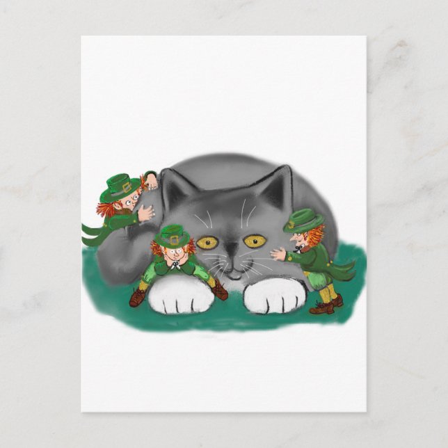 Carte Postale Trois Leprechauns et un Kitten sont amis (Devant)