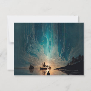 Carte Postale Trois navires, lune de croissant, ciel nocturne br