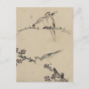 Carte Postale Trois oiseaux sur une branche, un avec des fleurs