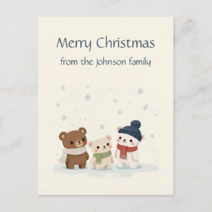 Carte Postale Trois ours de dessin animé mignons dans la neige