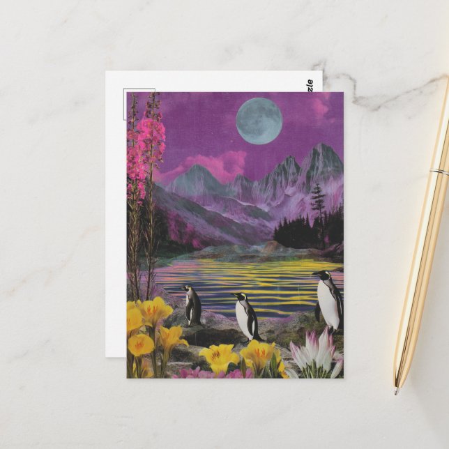 Carte Postale Trois Peguins Surreal Média mixte (Devant/Arrière en situation)