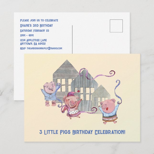 Carte Postale Trois Petits Cochons Anniversaire Fête Invitation (Devant / Derrière)
