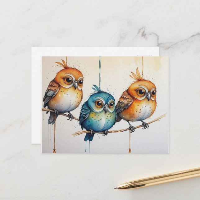 Carte Postale Trois Petits Oiseaux (Devant/Arrière en situation)