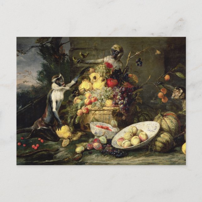 Carte Postale Trois singes Volant des fruits (huile sur toile) (Devant)