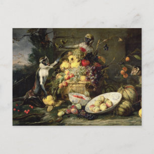 Carte Postale Trois singes Volant des fruits (huile sur toile)