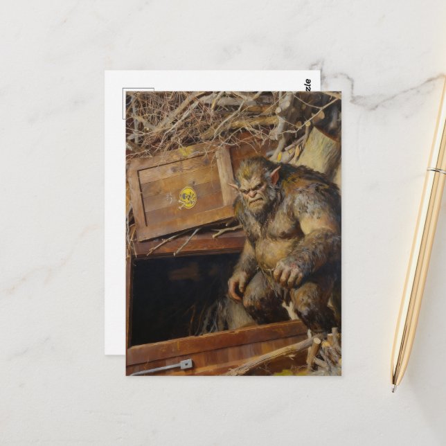 Carte Postale Troll entre dans un portail (Devant/Arrière en situation)