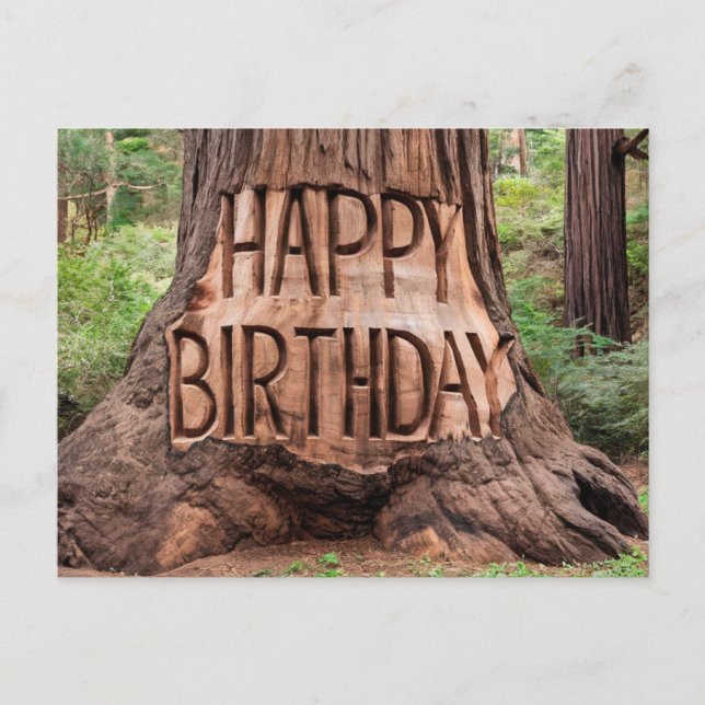 Carte Postale tronc d'arbre sculpté avec joyeux anniversaire (Devant)