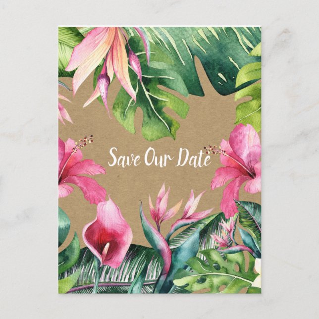 Carte Postale Tropical Aloha Fleurs Luau Kraft Économisez la Dat (Devant)