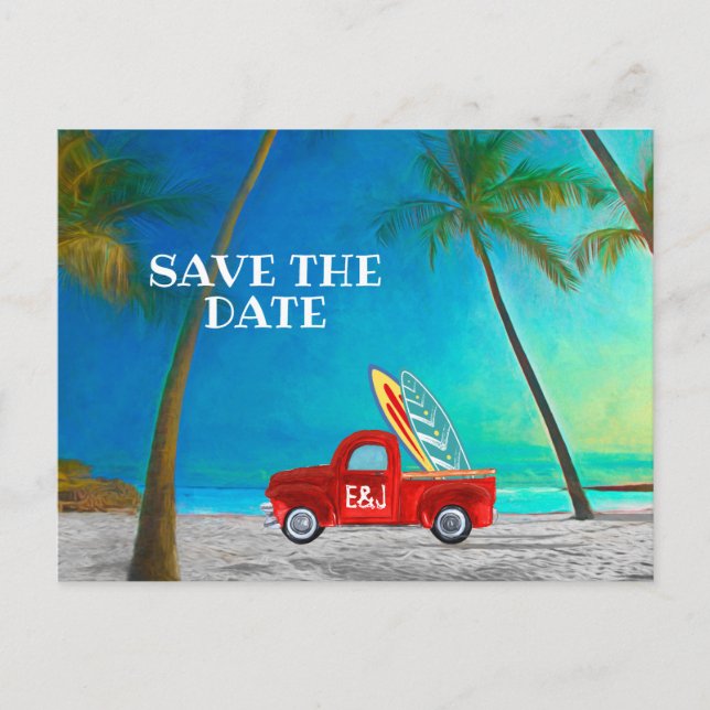 Carte Postale Tropical Beach Hawaii Palm Surfboards Camion Rouge (Devant)