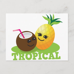 Carte Postale TROPICAL mignon Kawaii noix de coco et ananas