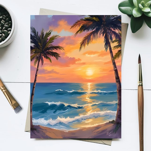 Carte Postale Tropical Ocean Sunset Palm Tree Watercolor (Créateur téléchargé)