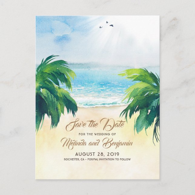 Carte Postale Tropical Palms Beach Romantique Sauvez la date (Devant)