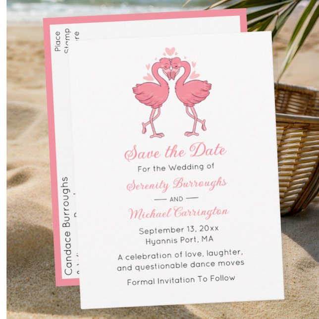 Carte Postale Tropical Pink Flamingo Beach Wedding Save the Date (Créateur téléchargé)