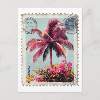 Carte Postale Tropical Pink Palm Postage Stamp Vintage Beach T‑S
