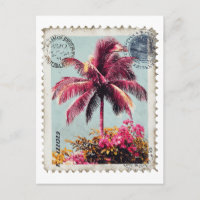 Tropical Rose Palm Timbre Postal Vintage Plage T‑S