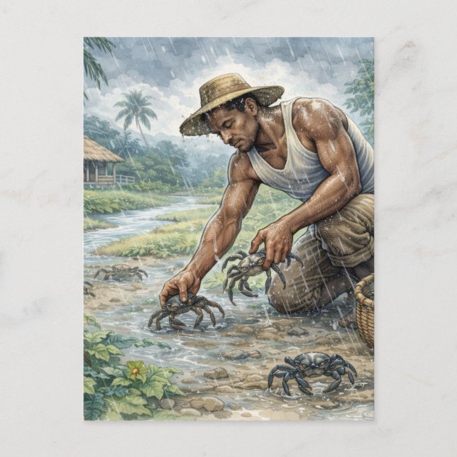 Carte Postale Tropical Village Life: Man Catching Crabs in Rain (Devant)
