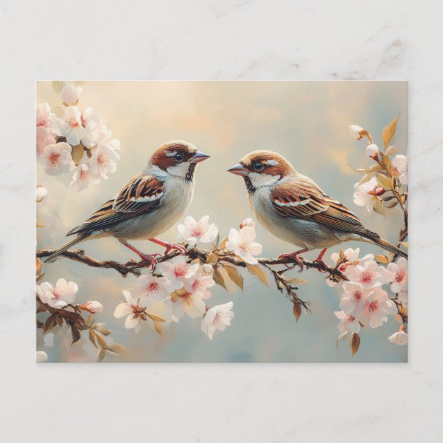Carte Postale Trouver des oiseaux sur une branche de fleurs de c (Devant)