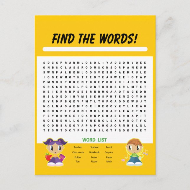 Carte Postale Trouver les mots, Word Search Activity Card (Devant)