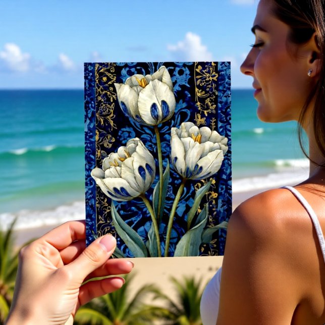 Carte Postale Tulipe Damassé Bleu Blanc (Créateur téléchargé)