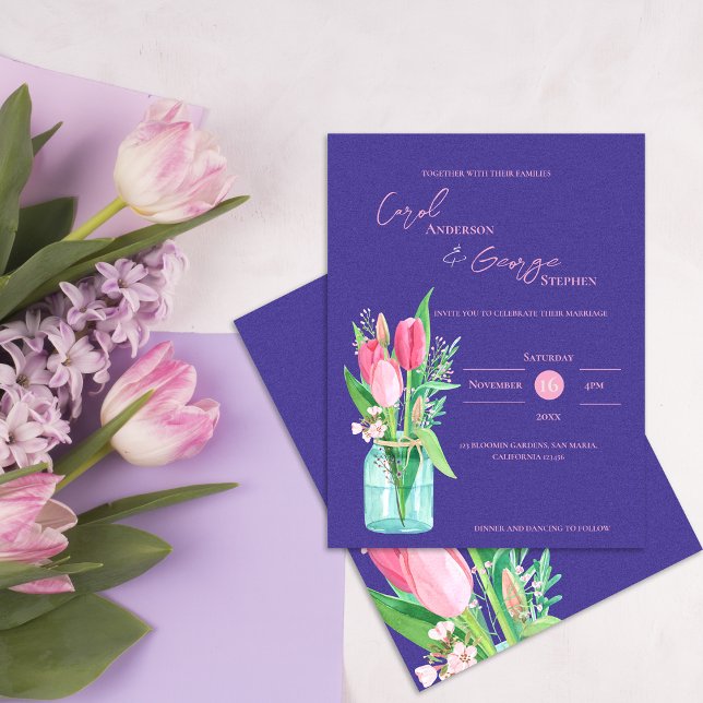 Carte Postale Tulipe violette et blanche Faire-part de mariage M (Purple & Blush Tulip Mason Jar Wedding Invitation Postcard)