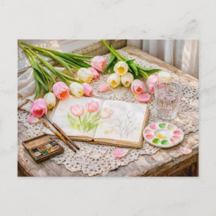 Carte Postale Tulipes à l'aquarelle avec pinceaux et vintage cré