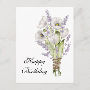 Carte Postale Tulipes blanches bouquet de lavande joyeux anniver