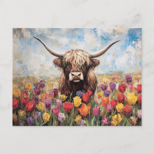 Carte Postale Tulipes colorées de vache Highland Peinture
