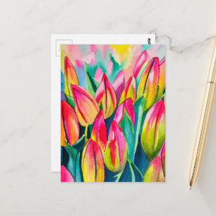 Carte Postale Tulipes d'art à l'aquarelle rose