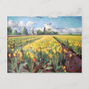 Carte Postale Tulipes de printemps jaune Champs de fleurs Peintu