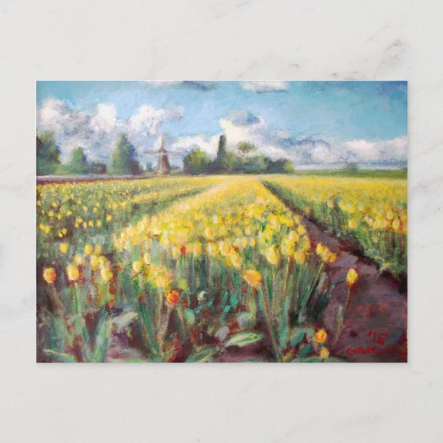 Carte Postale Tulipes de printemps jaune Champs de fleurs Peintu (Devant)