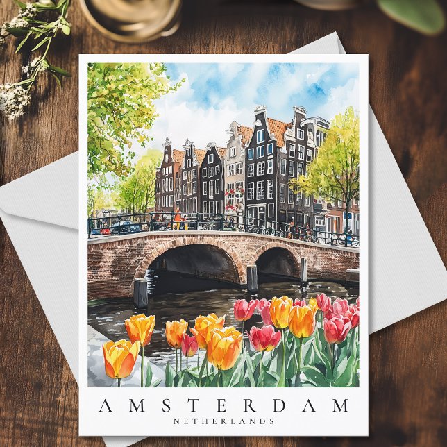 Carte Postale Tulipes du canal d'Amsterdam au printemps Aquarell (Amsterdam Canal Tulips in Spring Watercolor Travel Postcard)
