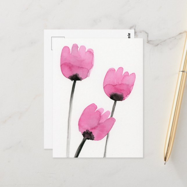 Carte postale Tulipes Roses, Aquarelle Fleurs Pein (Devant/Arrière en situation)