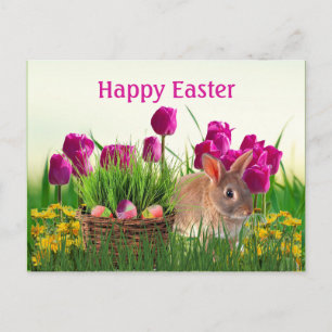 Carte Postale Tulipes roses et lapin de Pâques