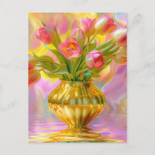 Carte Postale Tulipes roses vibrantes dans le Vase d'or