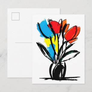 Carte Postale Tulipes Rouge Orange Vibrant Ligne Florale Noire G