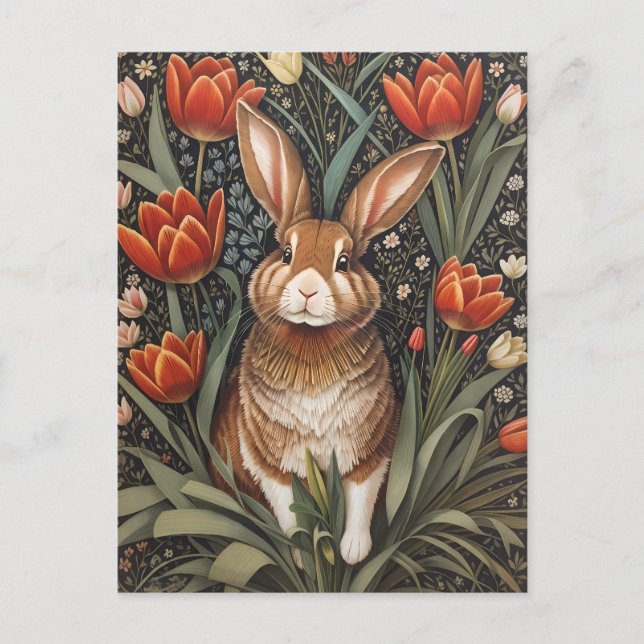 Carte Postale Tulipes rouges Brown de lapin William Morris inspi (Devant)