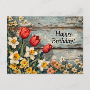 Carte Postale Tulipes rouges et jonquilles sur bois bleu