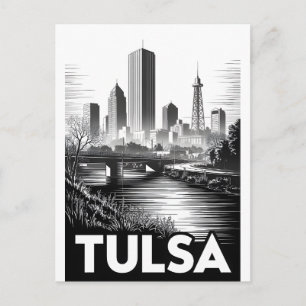 Carte Postale Tulsa Oklahoma Skyline Noir et Blanc en Gravure su