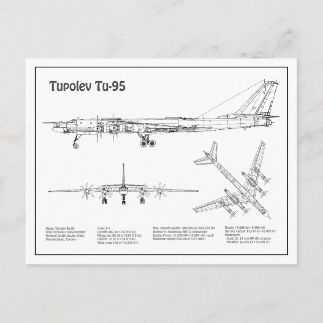 Carte Postale Tupolev Tu-95 - Plan de plan d'avion BD (Devant)