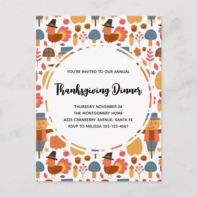 Carte Postale Turquie & Scarecrow Thanksgiving Motif Invitation (Devant)