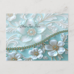 Carte postale turquoise à fleurs blanches