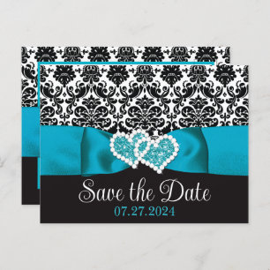 Carte Postale Turquoise, Black Damask Love Hearts Enregistrer la