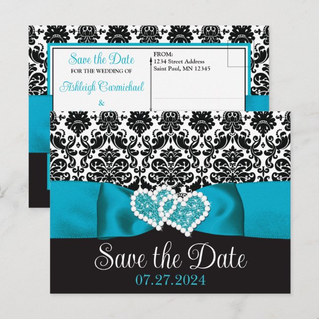 Carte Postale Turquoise, Black Damask Love Hearts Enregistrer la (Devant / Derrière)