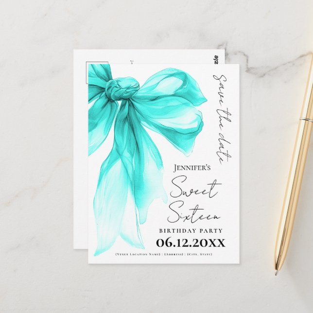 Carte Postale Turquoise Bow Coquette Sweet 16 Enregistrez la dat (Devant/Arrière en situation)