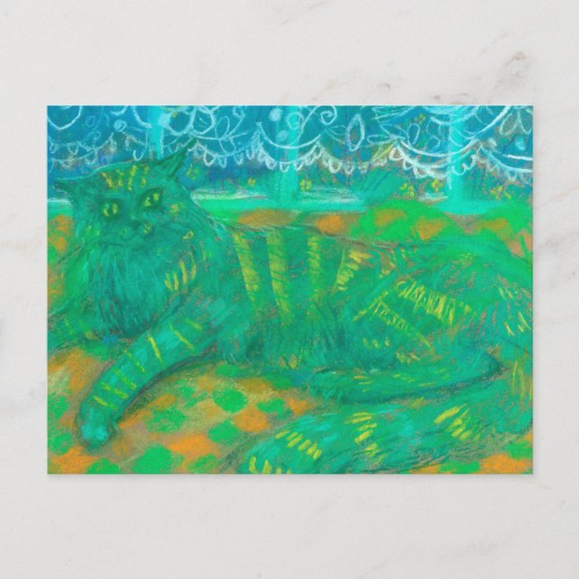 Carte Postale Turquoise Chat Pastel Peinture Animaux Portrait (Devant)