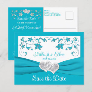 Carte Postale Turquoise, Coeurs d'Amour Argent Sauvez la date