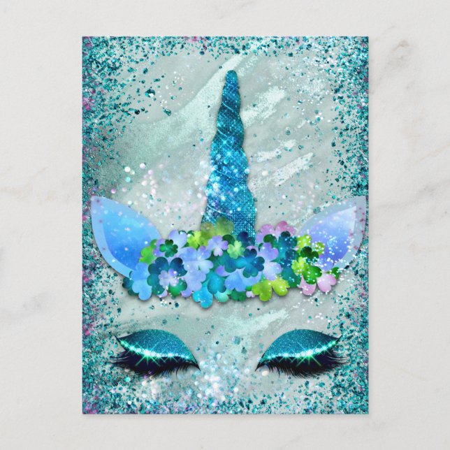 Carte postale turquoise et Aqua Sparkling Unicorn (Devant)