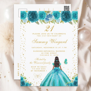 Carte Postale Turquoise Floral Peau foncée Princesse Anniversair